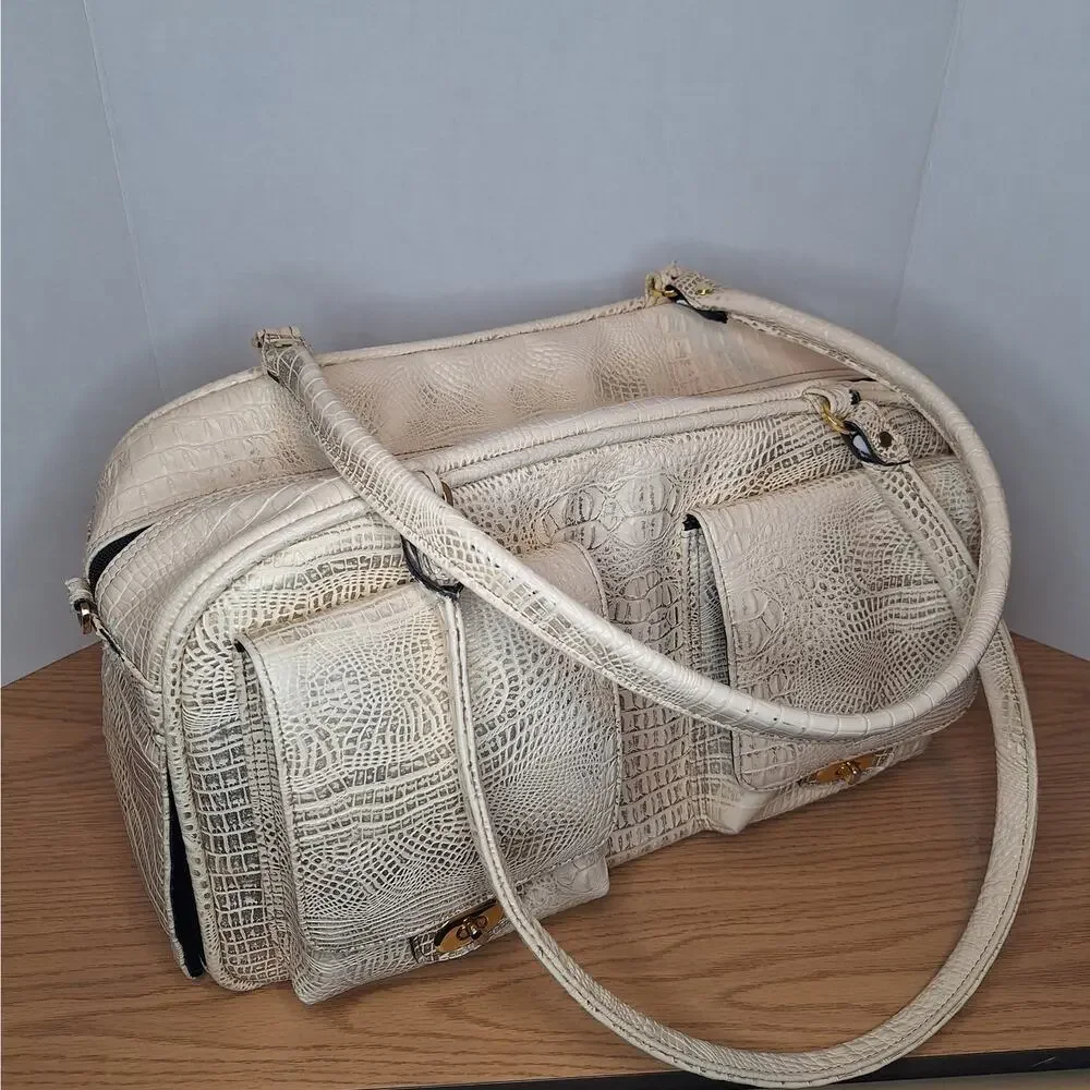 VTG Cream Croc Embossed Pet Carrier Tote Bag Small Dog Cat Mesh Windows Pockets